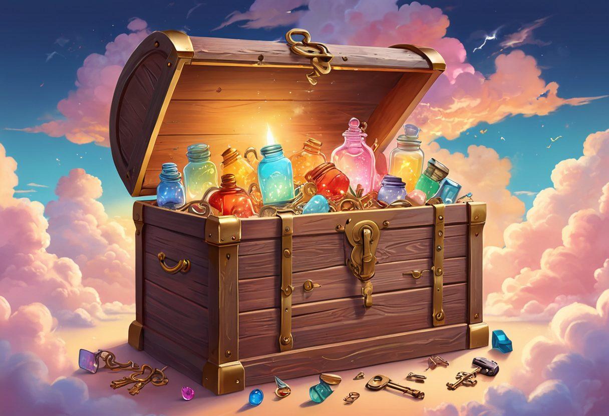 A whimsical and colorful illustration of a magical key unlocking a treasure chest overflowing with different types of storage solutions, such as jars, boxes, and baskets, all brimming with joyful items. Surrounding the chest are glowing light bulbs symbolizing ideas and creativity, against a backdrop of cheerful pastel colors and soft clouds. Playful and inviting atmosphere. vibrant colors. vector art.