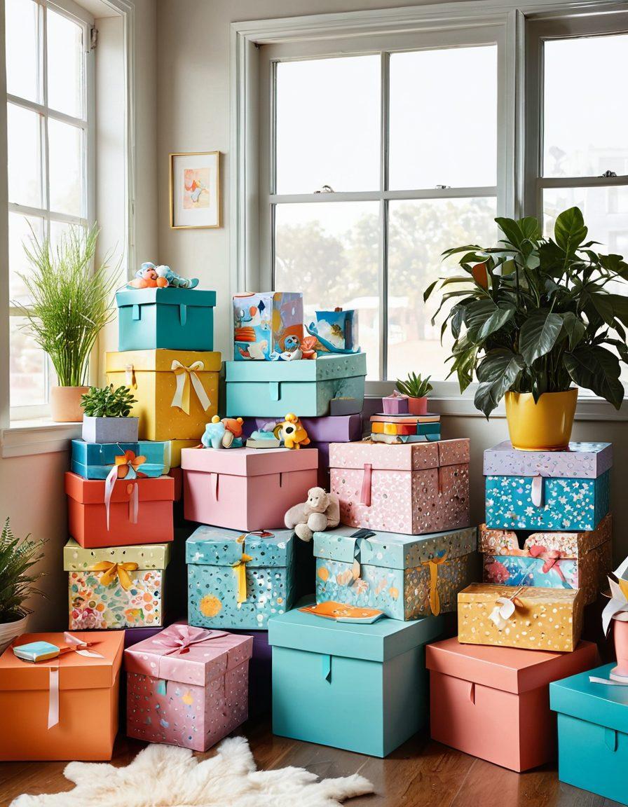 A cozy, sunlit room filled with colorful, creatively designed storage boxes overflowing with cheerful items like toys, books, and plants. Each box has a unique pattern and texture, radiating warmth and joy. A person unboxing a bright, glittering surprise with an expression of delight, surrounded by scattered decorations and ribbons. Soft pastel colors and light streaming in through a window enhance the inviting atmosphere. super-realistic. vibrant colors. 3D.