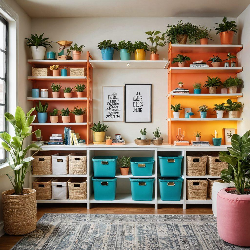 A beautifully organized and colorful room showcasing innovative storage solutions like stylish bins, wall shelves, and clever multi-use furniture. Include joyful elements like potted plants, quirky décor, and a person smiling while using the space, creating a warm and inviting atmosphere. Emphasize a sense of fun and creativity in storage design. vibrant colors. soft lighting. modern aesthetic.
